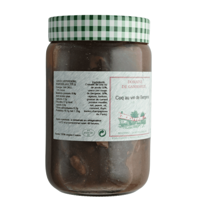 Etiquette descriptive des ingrédients du bocal de coq au vin de Bergerac